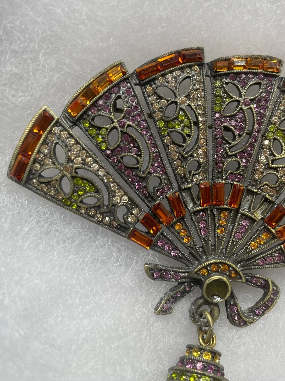 Heidi Daus Vintage Fan Brooch Crystals Pin Green Purple Rust Pave Broach FLAWs